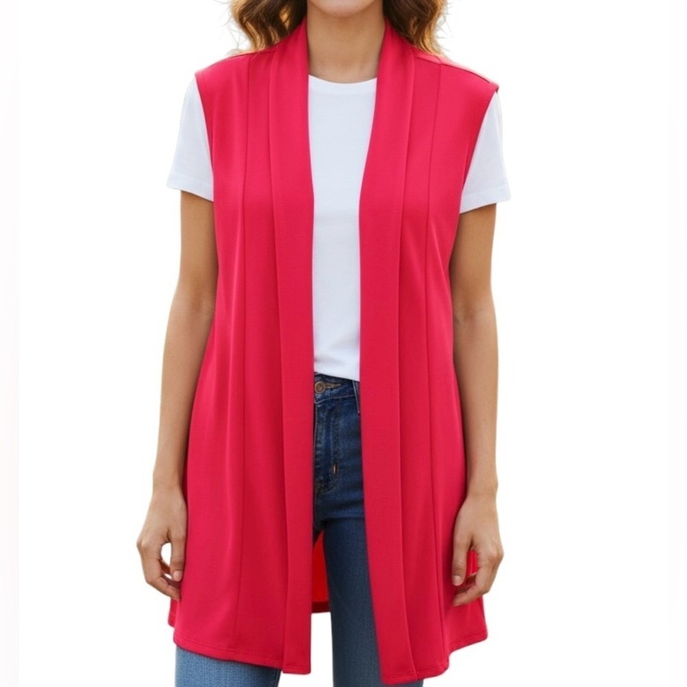 Joseph A. Vest Rayon Sleeveless Hot Pink Open Front Lagen Cardigan‎ Women Size M